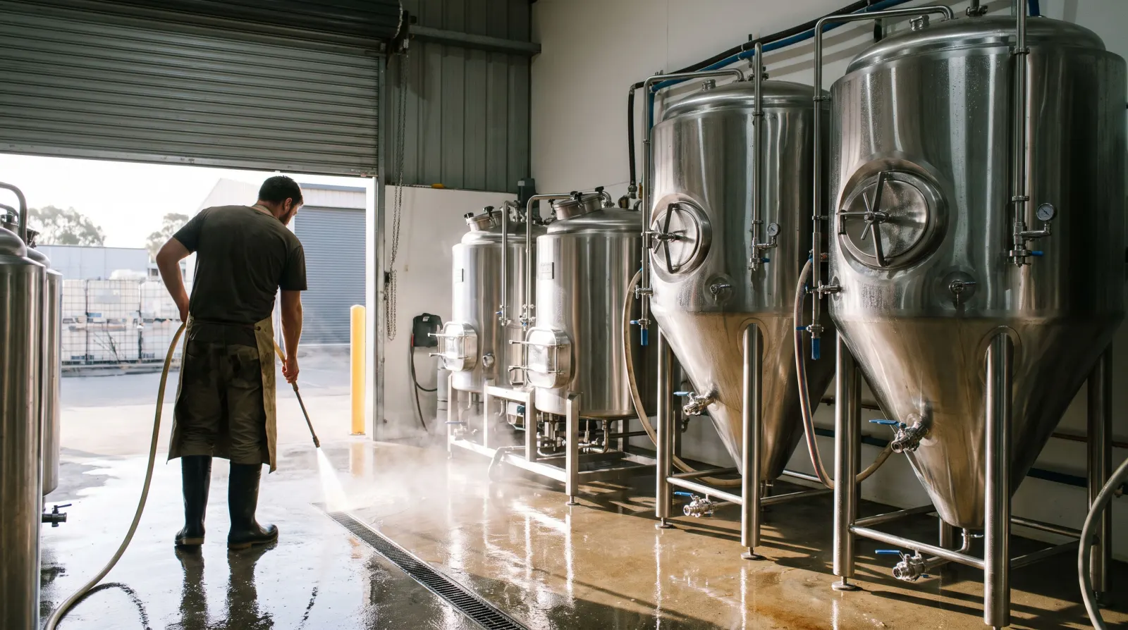 Conical fermenters in a craft brewery, a brewer hosing down the floor