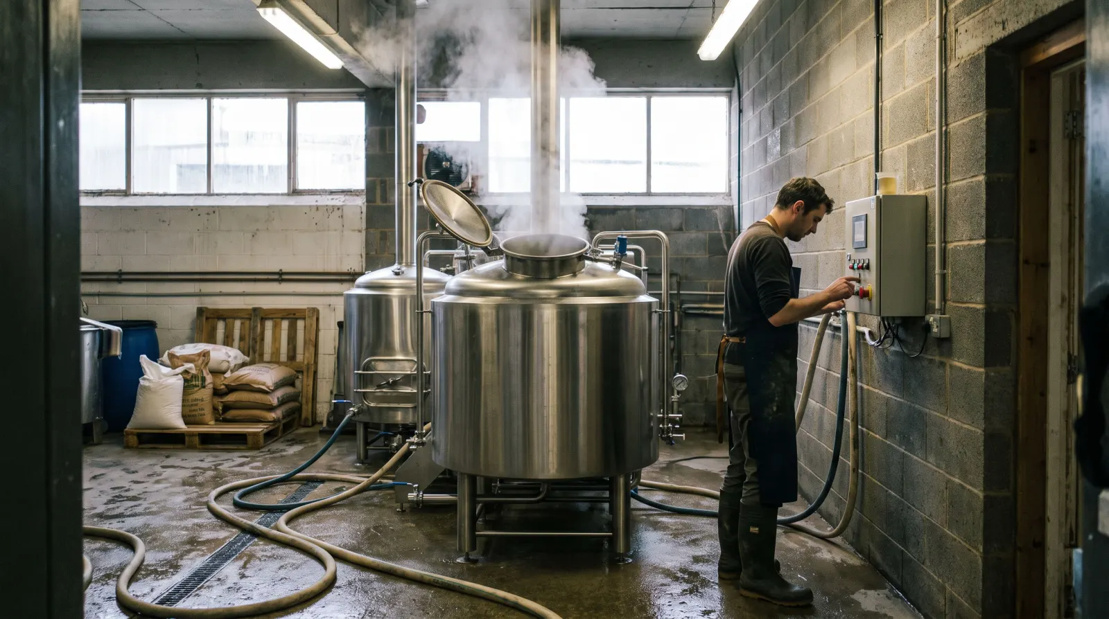 Un brasseur au pupitre de commande d'une salle de brassage, la cuve fume