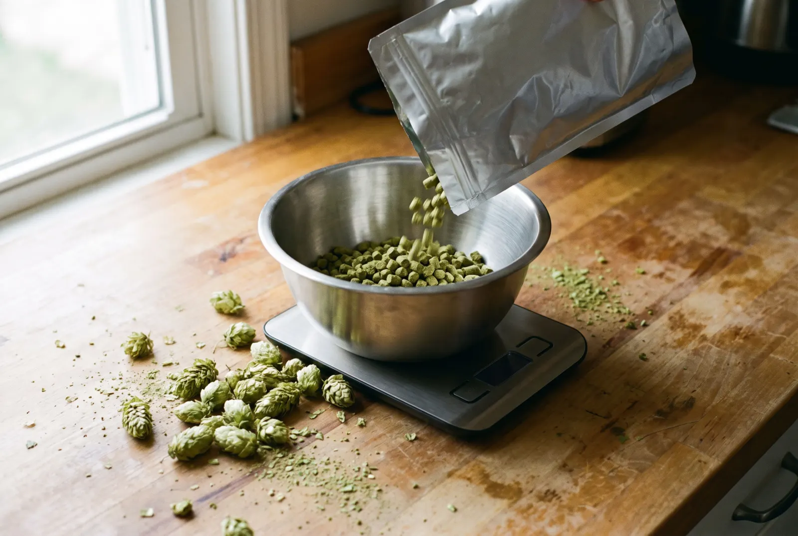 Des pellets de houblon versés dans un bol sur une balance de cuisine