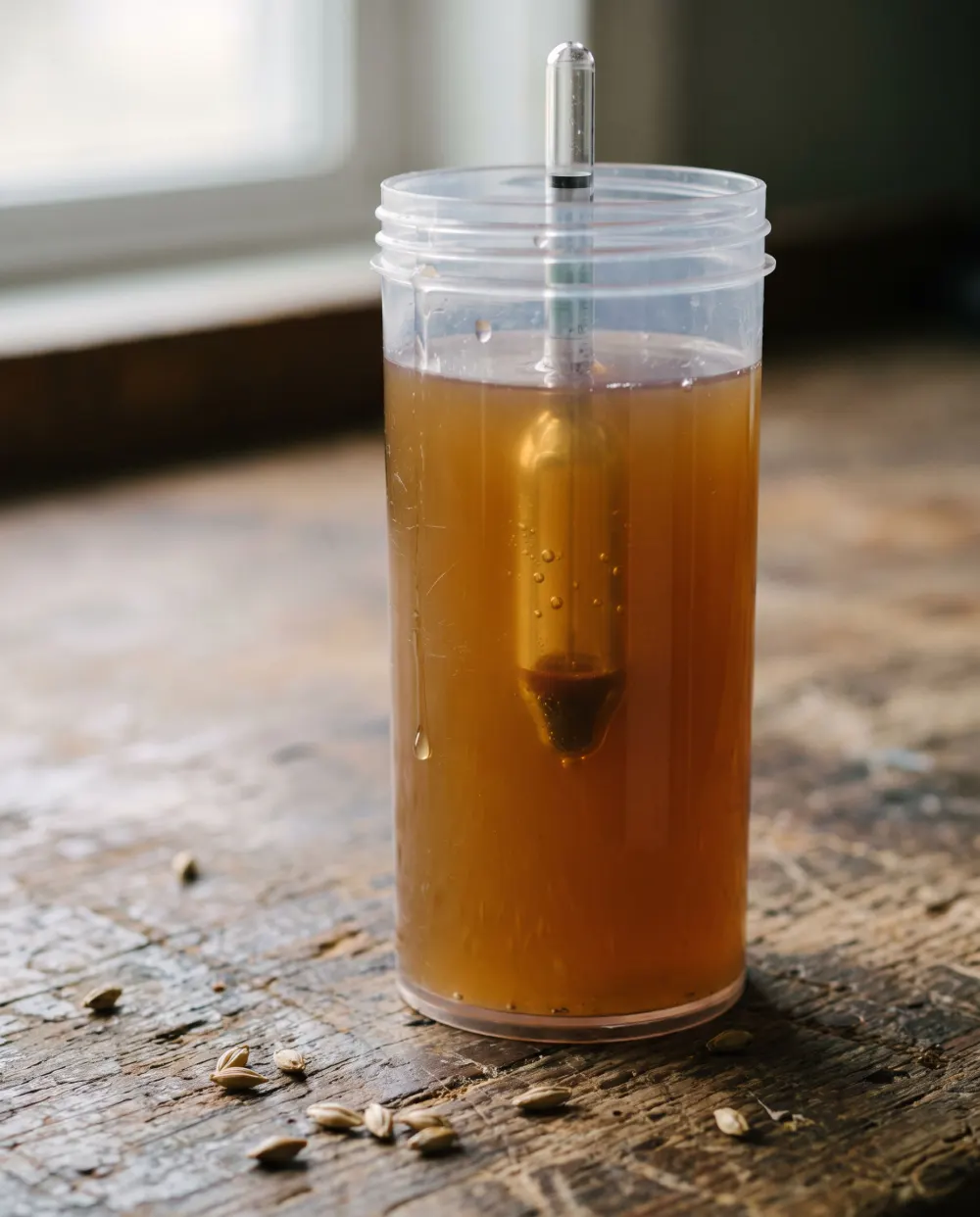 A hydrometer floating in a sample of wort