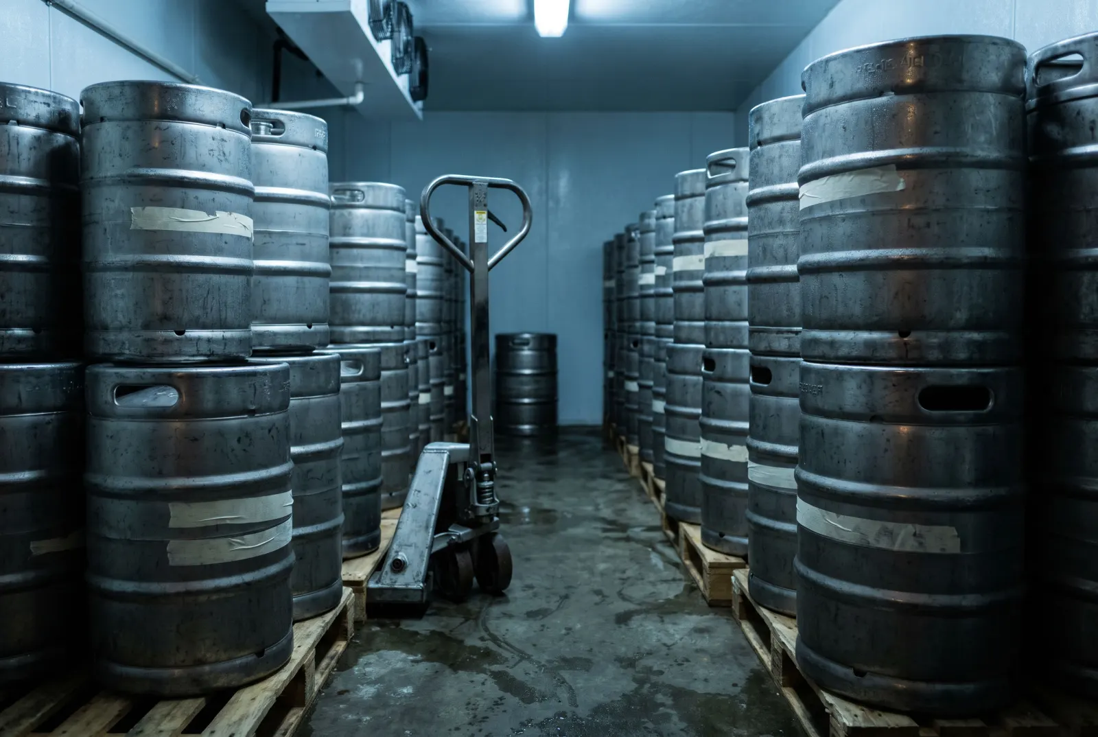 Kegs on pallets in a brewery cold room