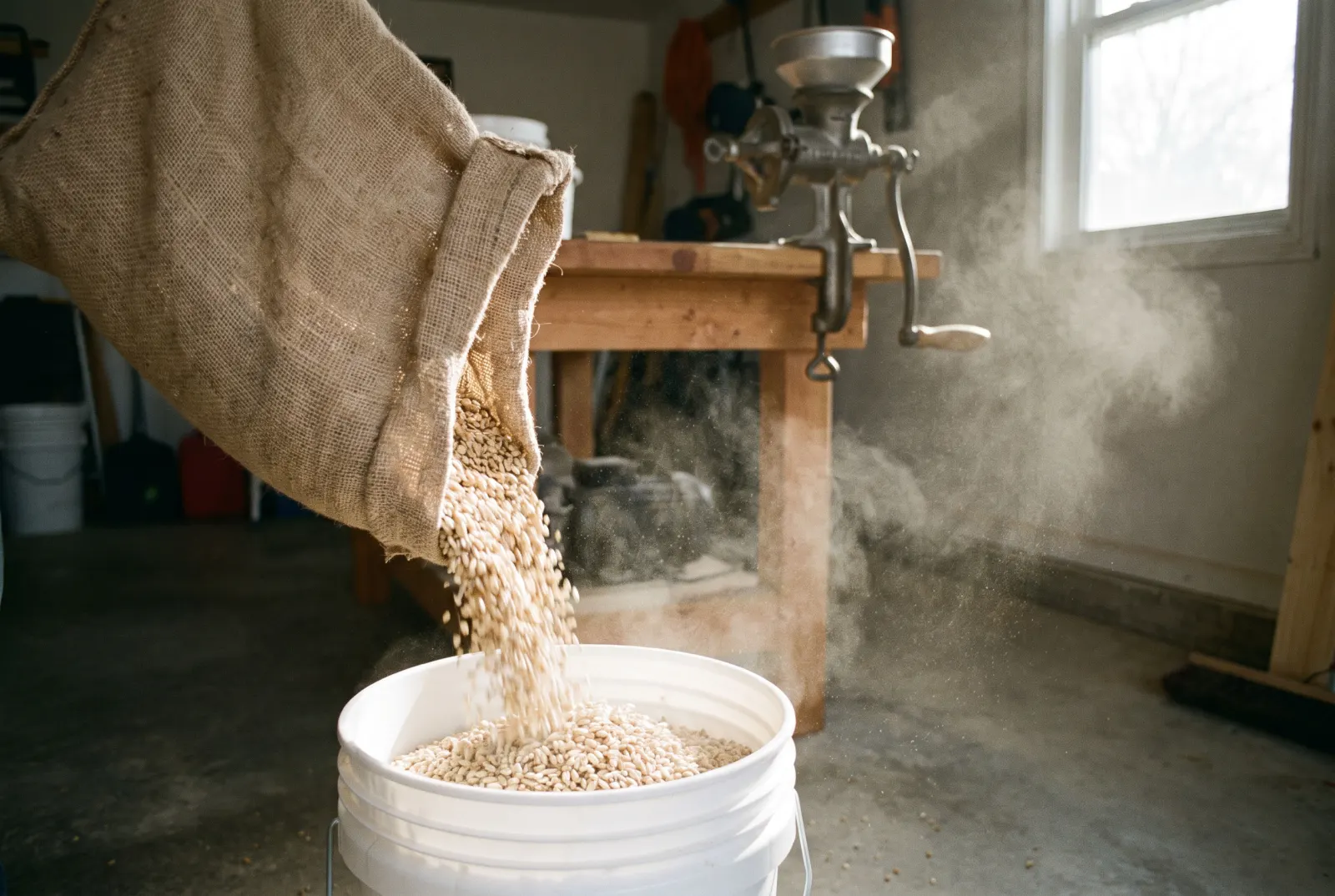 Malt pouring from a sack into a bucket, a grain mill on the workbench