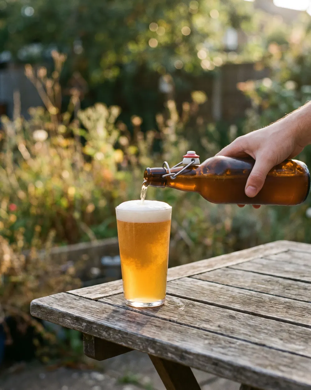 A hazy homebrewed pale ale being poured in the garden