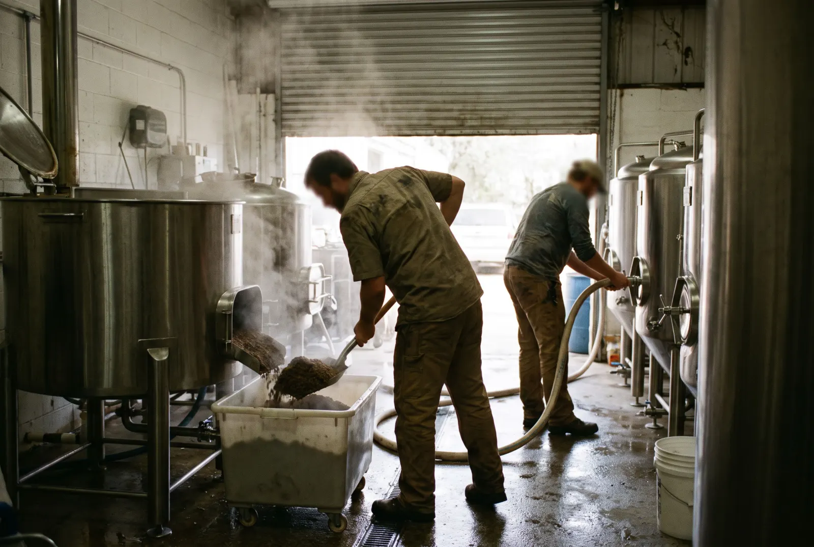 Two brewers on brew day in a small craft brewery